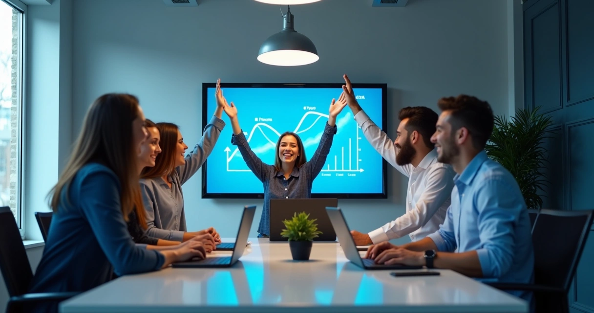 Equipe comemorando resultados positivos do funil de vendas personalizado 
