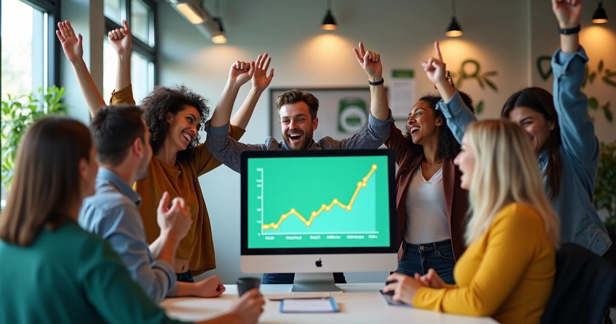Time de vendas comemorando aumento de vendas após integração de WhatsApp e CRM 