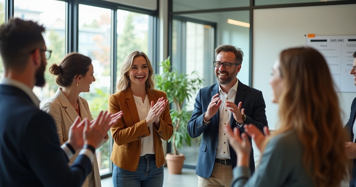 Equipe reunida em círculo celebrando resultado durante reunião. 