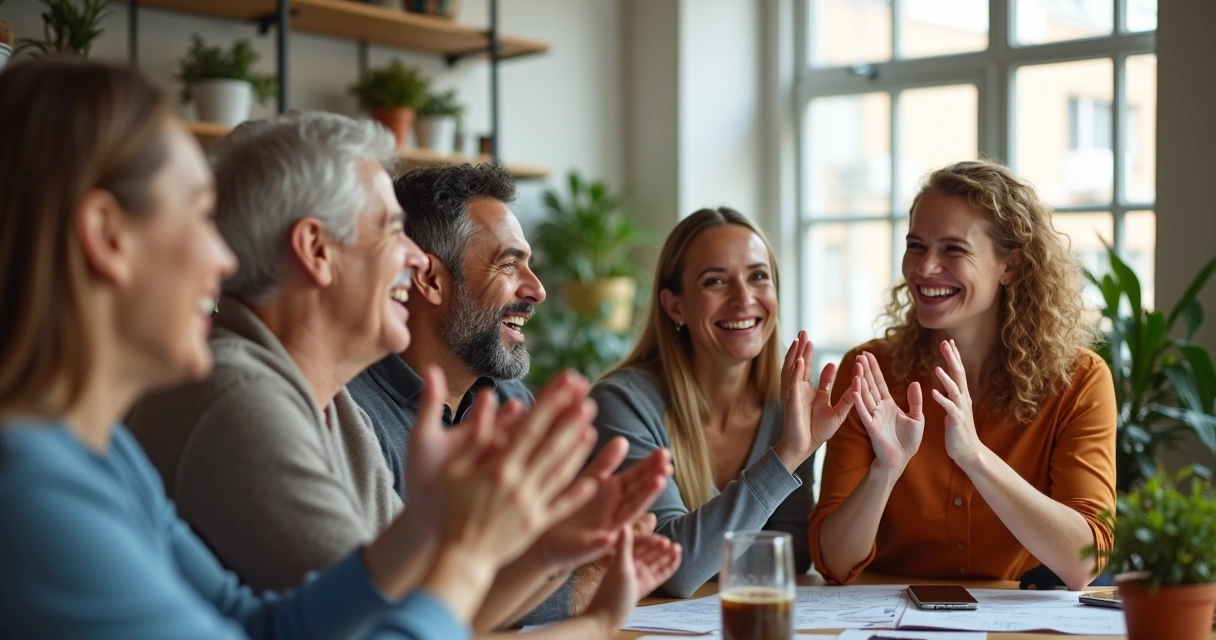 Time de colaboradores celebrando conquistas em ambiente de escritório moderno.