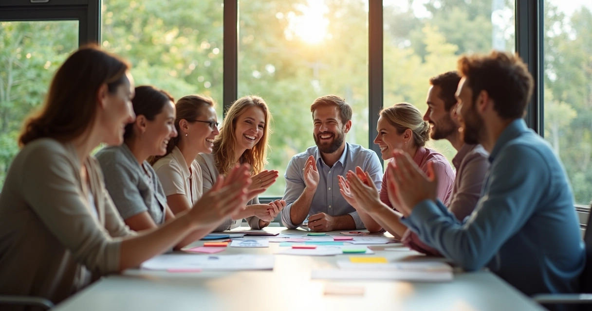Equipe de escritório comemorando resultado de projeto com sorrisos e palmas 