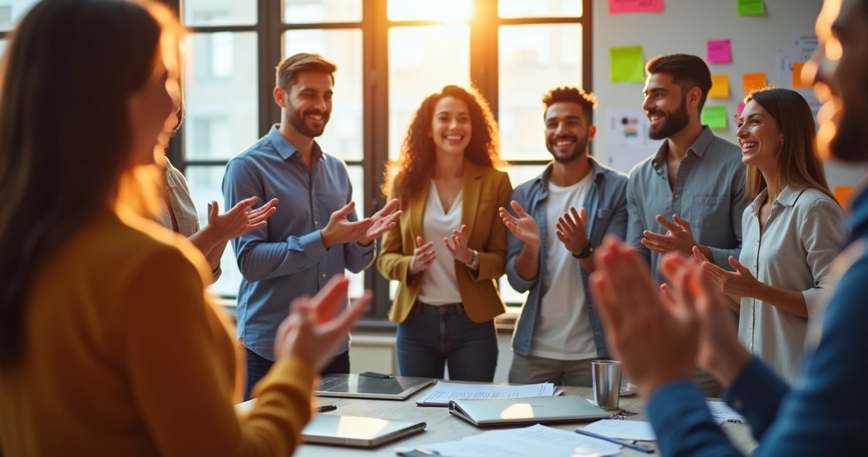 Equipe de trabalho em círculo, sorrindo e celebrando juntos o sucesso de um projeto. 