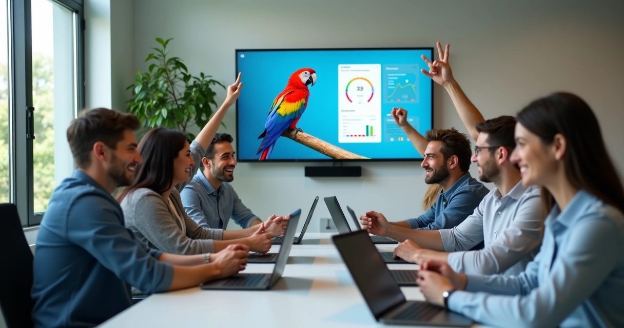 Equipe multiétnica comemorando sucesso com tecnologia. 