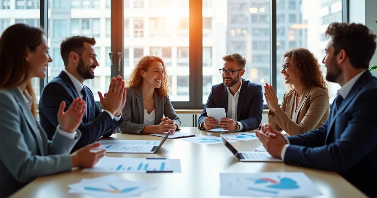 Equipe reunida celebrando ao redor de uma mesa de escritório, mostrando gráficos financeiros positivos 