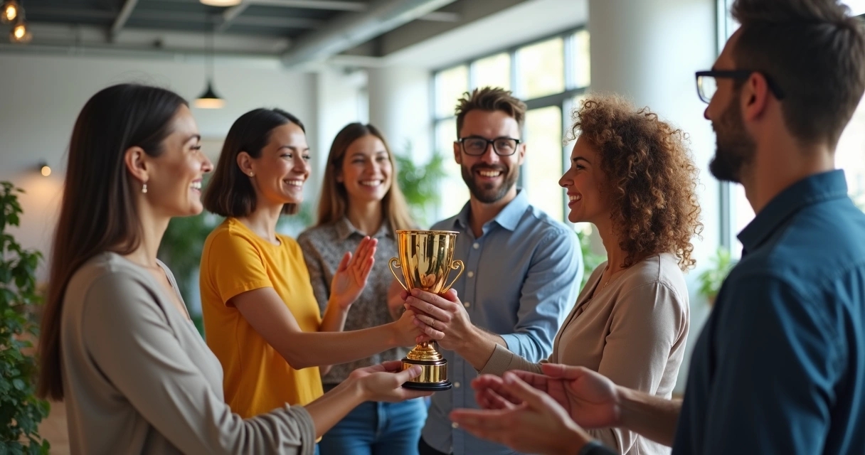 Equipe comemorando conquista, pessoas sorrindo e batendo palmas