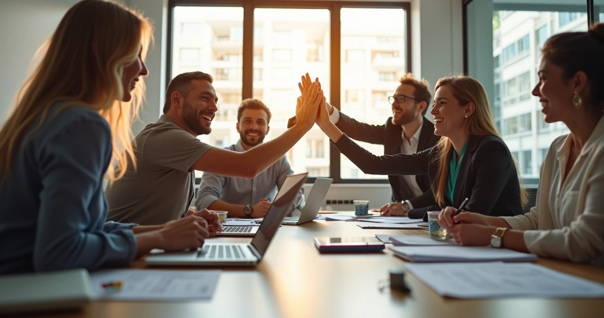 Equipe de negócios celebrando sucesso em sala de reunião 