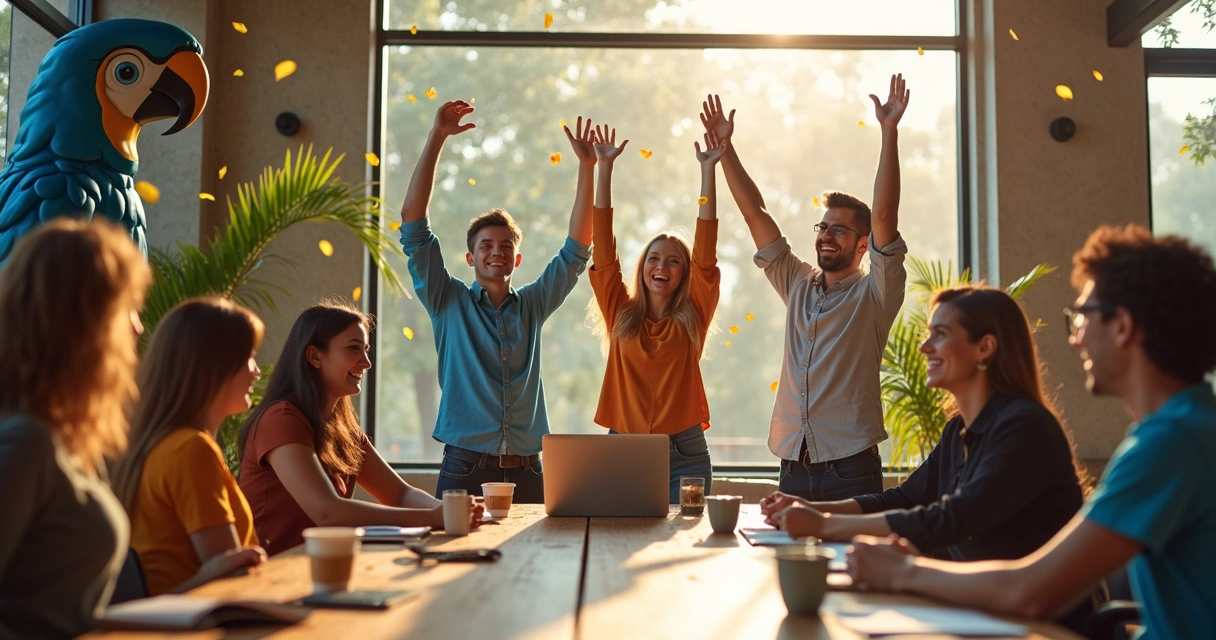 Equipe celebrando conquista tecnológica 