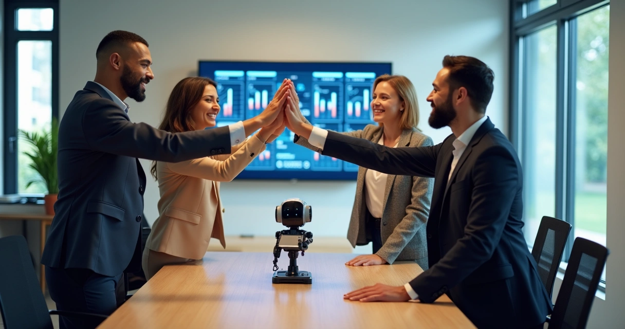 Equipe de escritório celebrando resultados da automação digital 