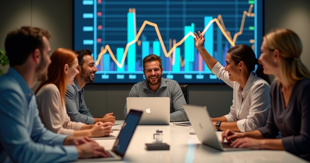 Equipe de vendas reunida celebrando em escritório moderno 