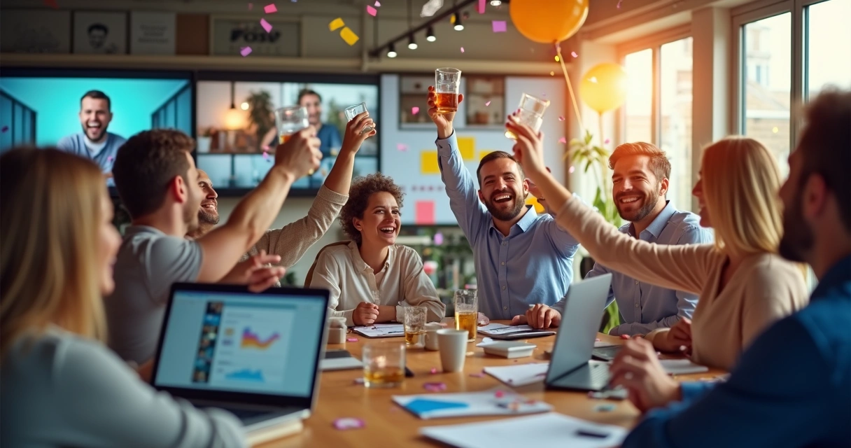 Equipe reunida virtualmente celebrando, com sorrisos e telas de computador