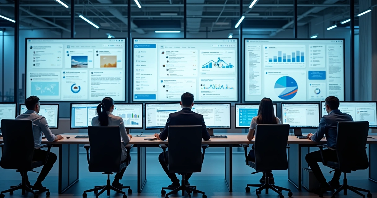 Equipe de atendimento trabalhando em frente a telas integradas, visualizando múltiplos canais de comunicação