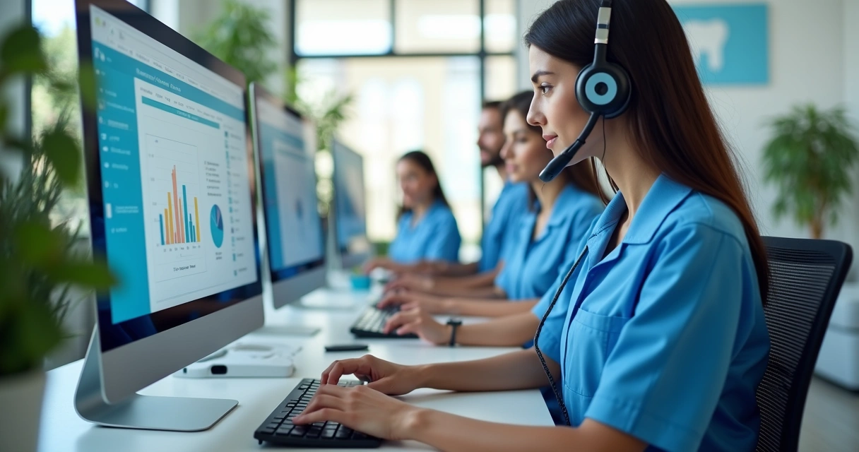 Equipe de relacionamento em clínica odontológica interagindo e organizando agendamentos 