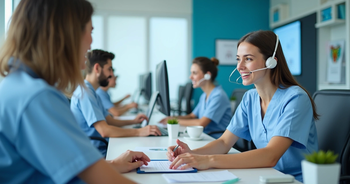 Equipe de central de relacionamento odontológico conversando ao telefone 