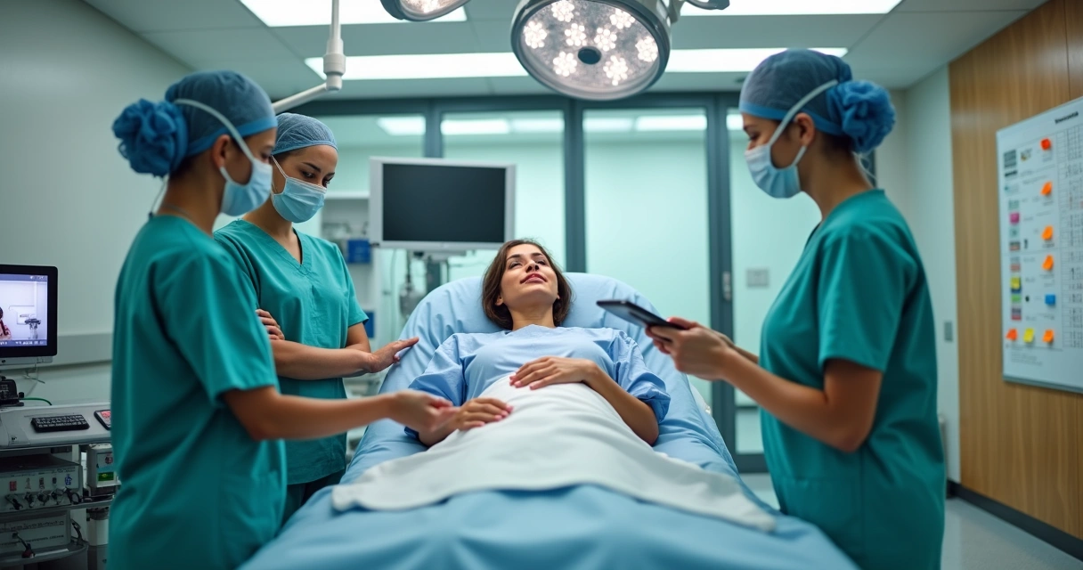 Equipe cirúrgica acolhendo paciente em centro cirúrgico humanizado 