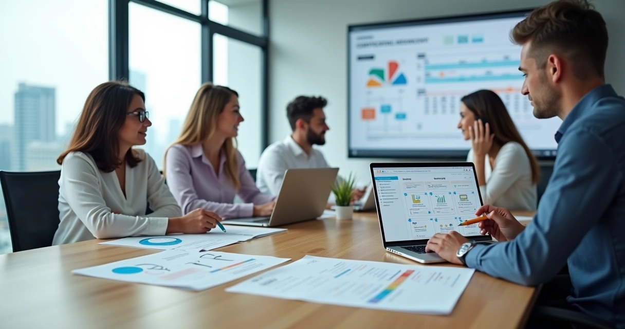 Equipe analisando documentos e relatórios de certificação interna em reunião corporativa 