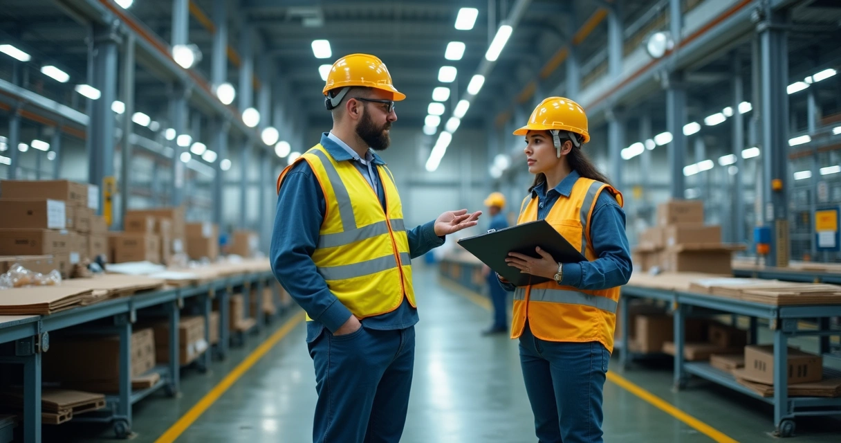 Equipe industrial reunida no chão de fábrica com líder e prancheta 
