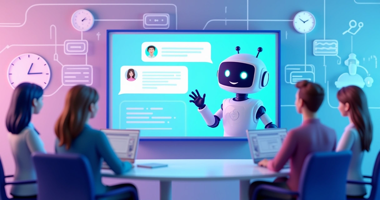 Equipe conversa com chatbot em tela gigante 