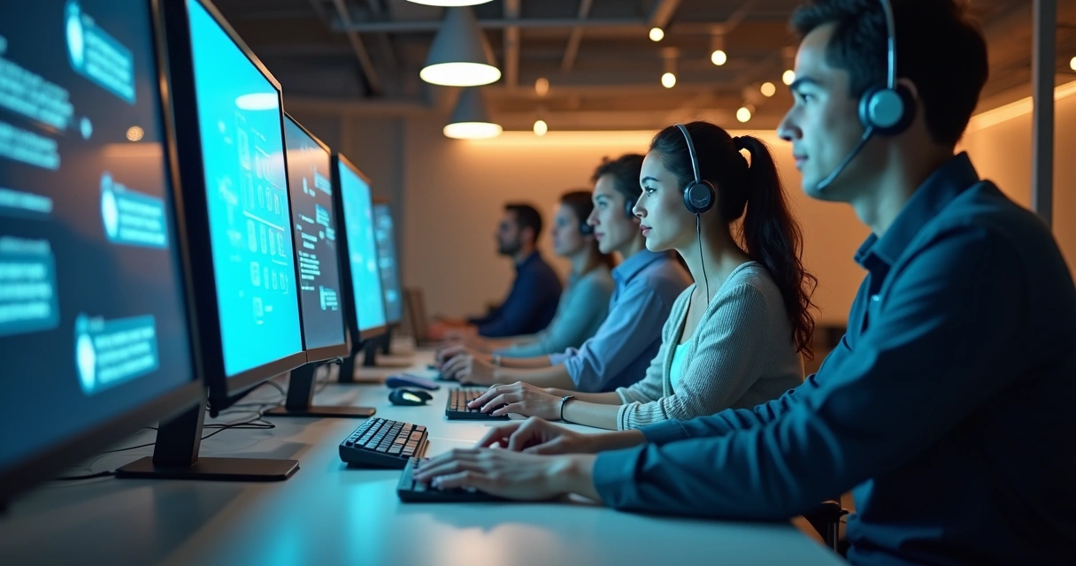 Equipe de atendimento humano ao lado de telas com chatbot 