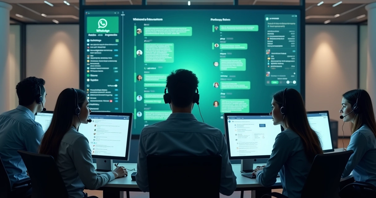 Equipe acompanhando conversas de WhatsApp em painel centralizado 