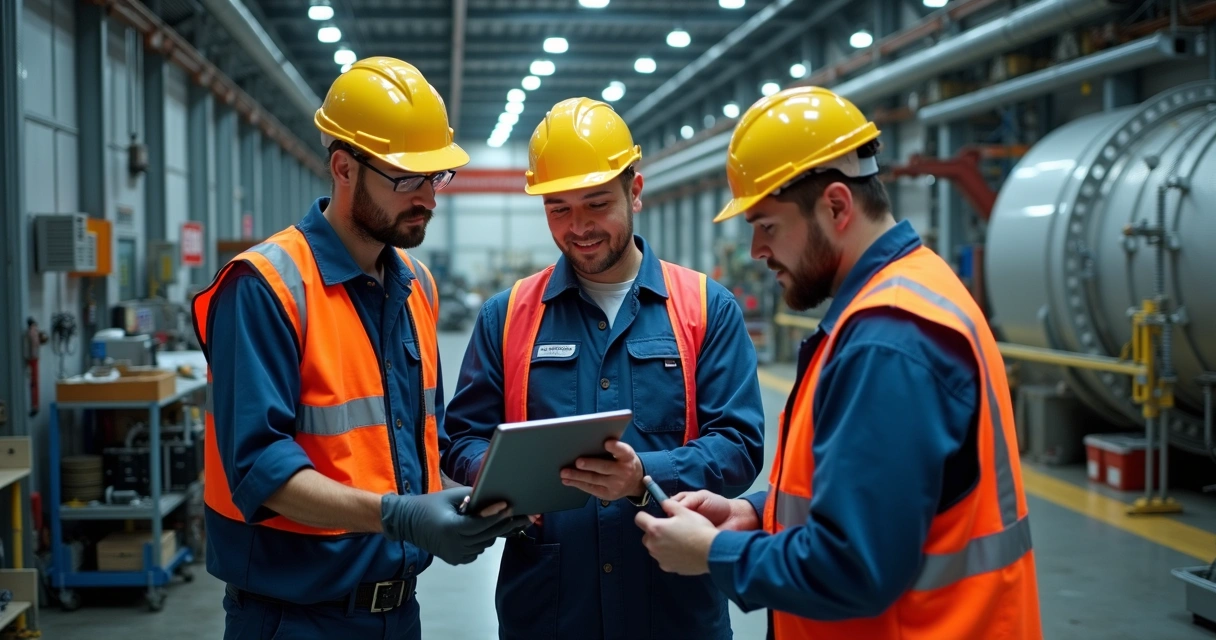 Equipe de manutenção preenchendo checklist em chão de fábrica 