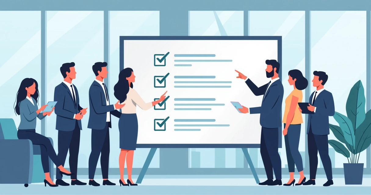 Equipe em sala de reunião usando tela interativa para preencher checklist online 