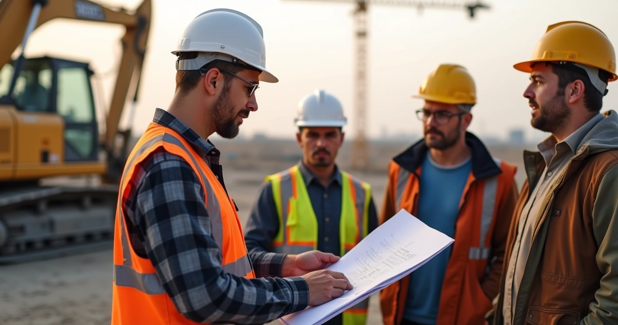 Equipe de chefia e operários planejando atividades de obra