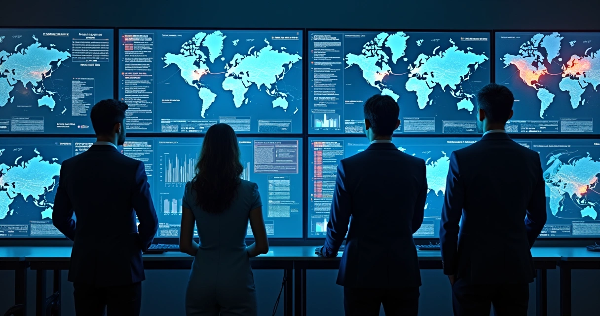 Profissionais monitorando ameaças de ransomwares em tela 