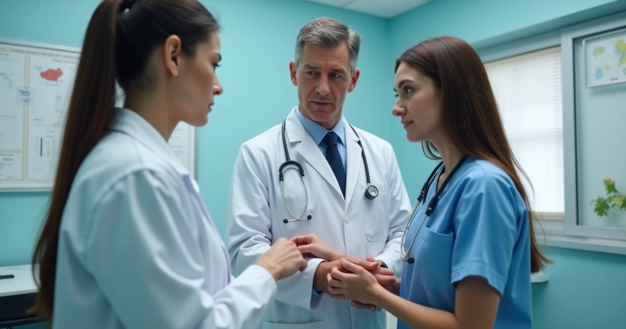 Equipe de cirurgia plástica avaliando paciente em clínica