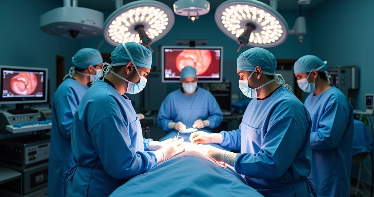 Equipe médica multidisciplinar em cirurgia videolaparoscópica pélvica 