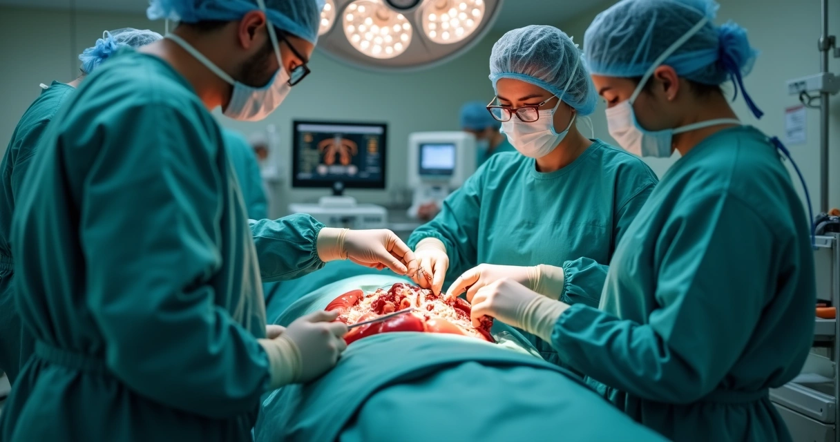 Equipe cirúrgica realizando cirurgia pélvica em sala de operação