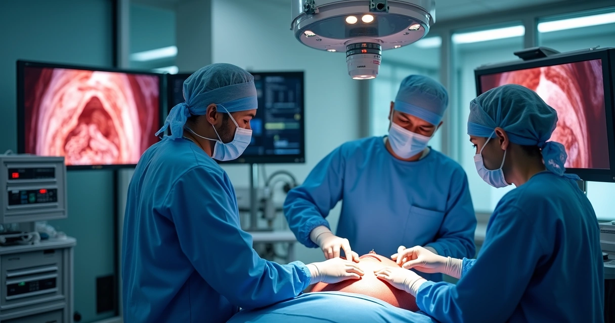 Equipe cirúrgica operando com robô e monitores. 