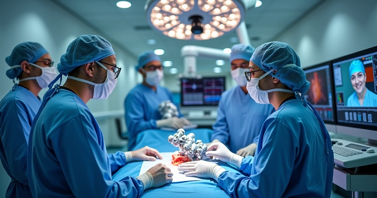 Equipe médica operando cirurgia robótica com braços robóticos e monitor 3D