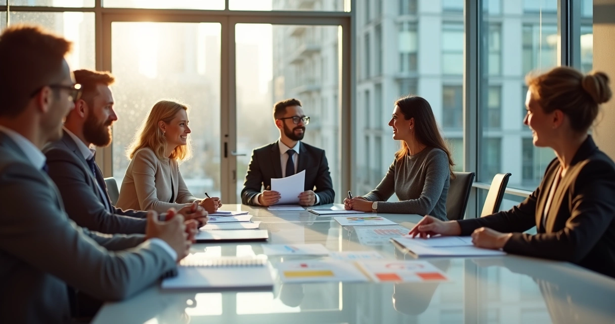 Equipe comercial em reunião com clientes satisfeitos, sorrindo e trocando ideias 