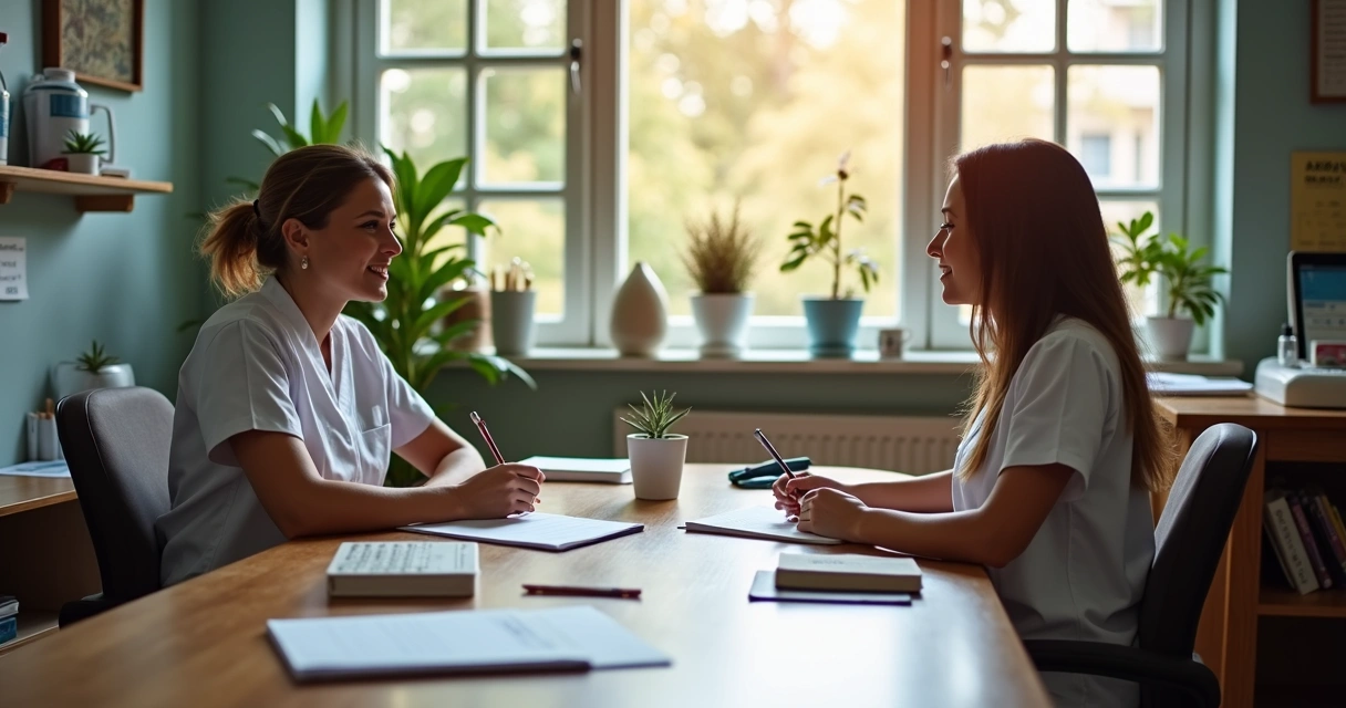 Equipe clínica e administrativa reunidas em sala de reunião 