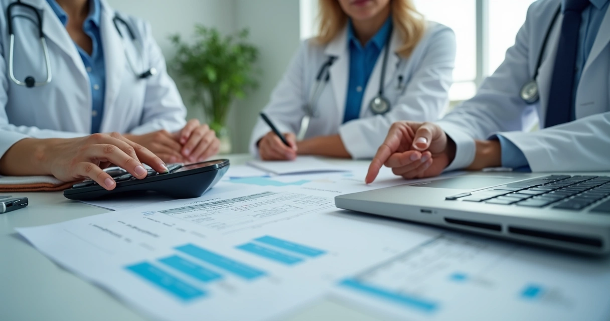 Equipe da clínica analisando relatórios financeiros em mesa de trabalho 