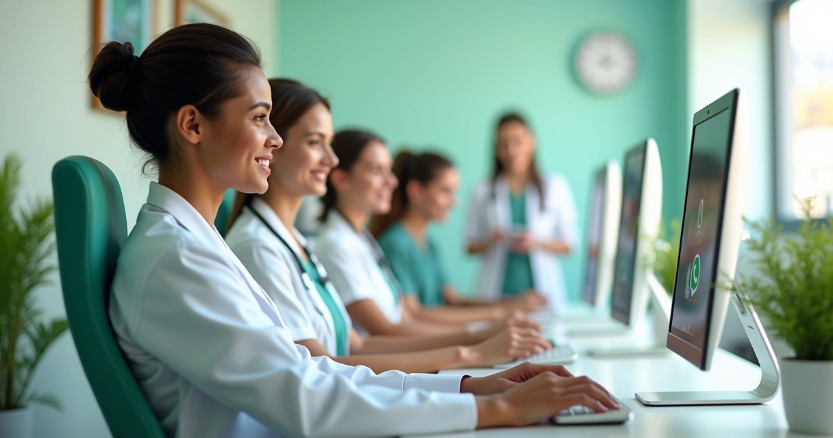 Equipe da clínica atendendo pacientes pelo WhatsApp de forma atenciosa e sorridente 