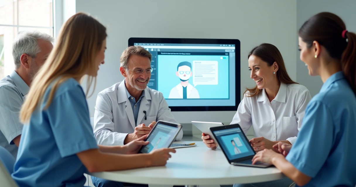 Equipe de clínica coordenando atendimento digital com paciente ao fundo 