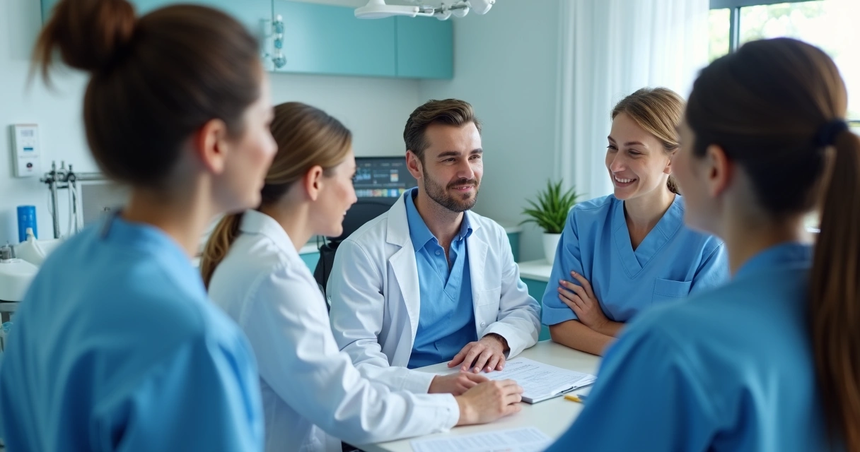 Equipe de clínica reunida ao redor de computador avaliando menções