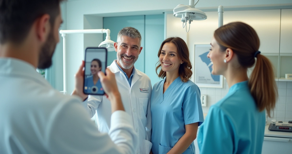 Equipe odontológica realizando gravação de bastidores 