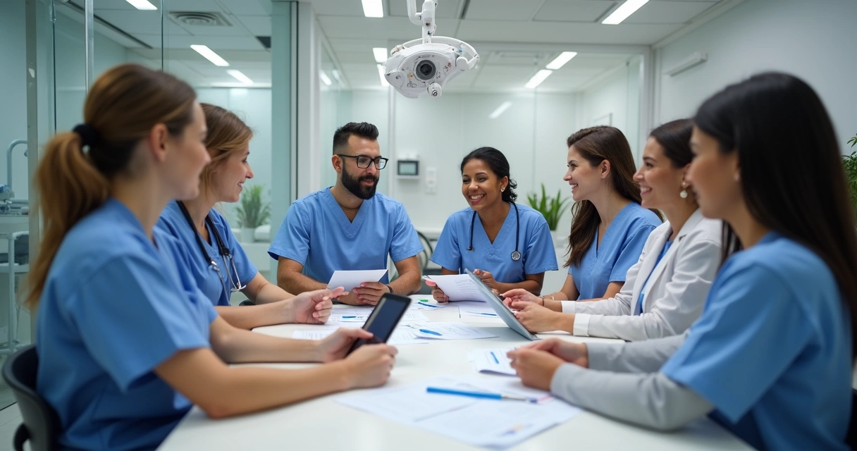 Equipe de clínica odontológica em treinamento para onboarding de pacientes