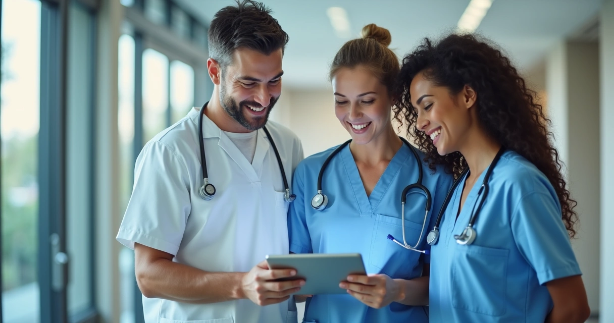 Equipe de clínica usando tablet para agendamento