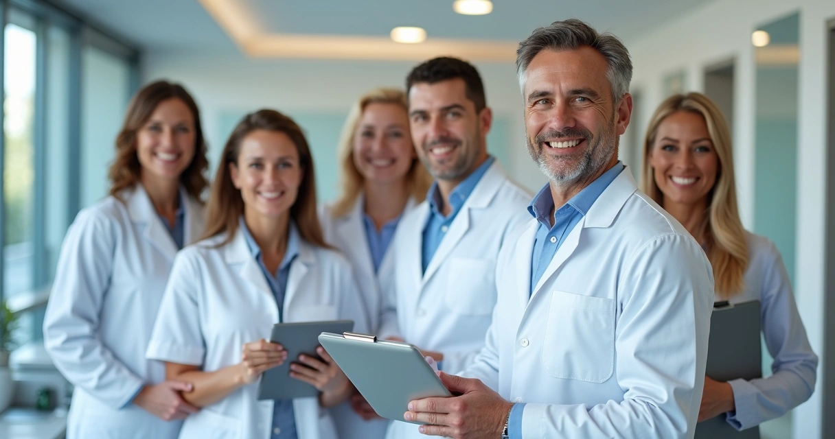 Equipe de clínica odontológica e equipe comercial reunidas, sorridentes, em ambiente moderno de clínica