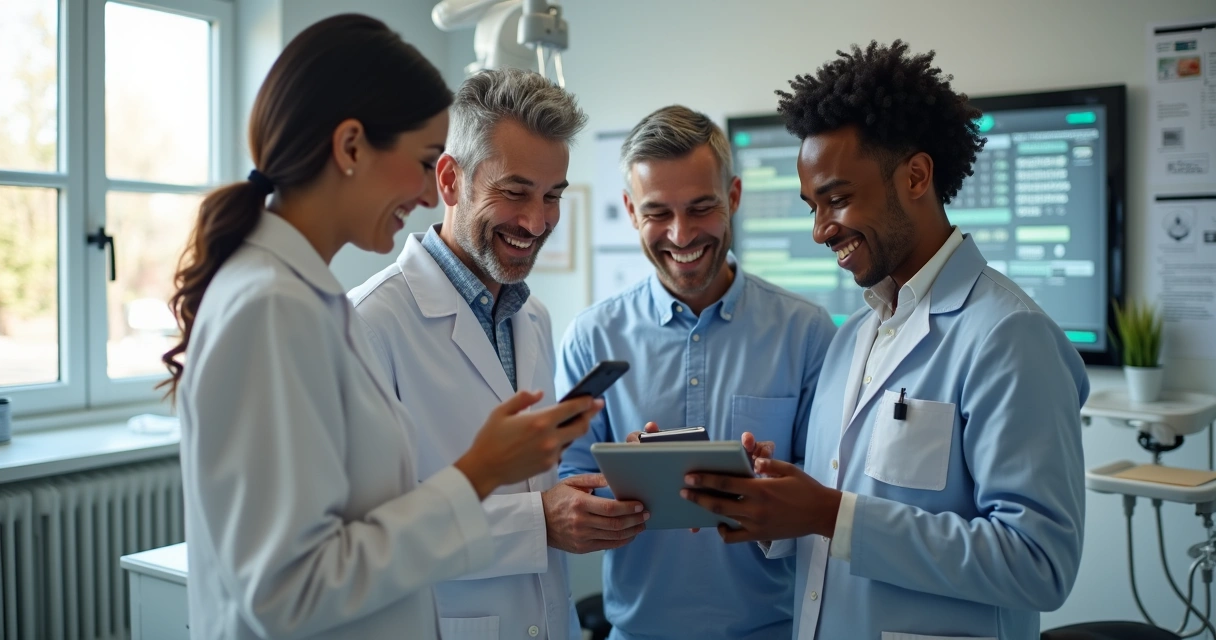Equipe de clínica odontológica usando tablets para confirmar consultas 