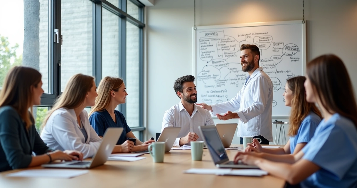 Equipe de clínica planejando conteúdo digital 