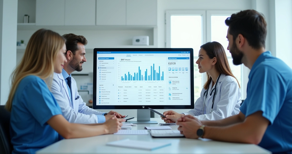 Equipe de clínica odontológica analisando CRM em computador
