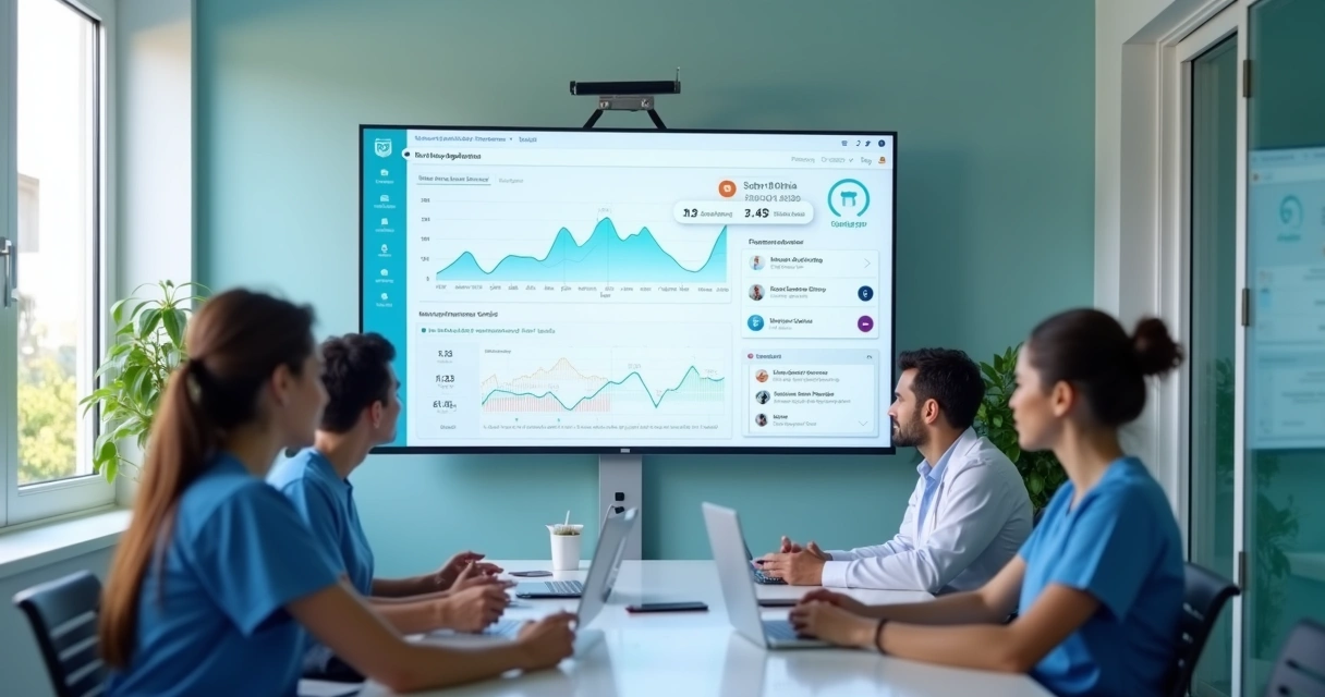 Equipe de clínica analisando dashboard de marketing odontológico