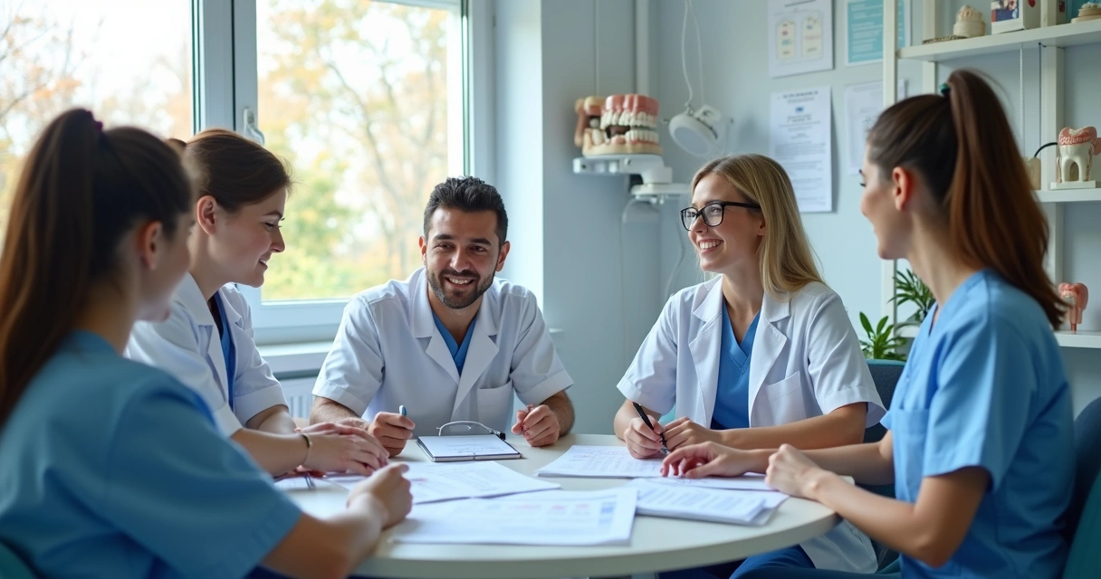 Equipe de clínica odontológica reunida revisando normas