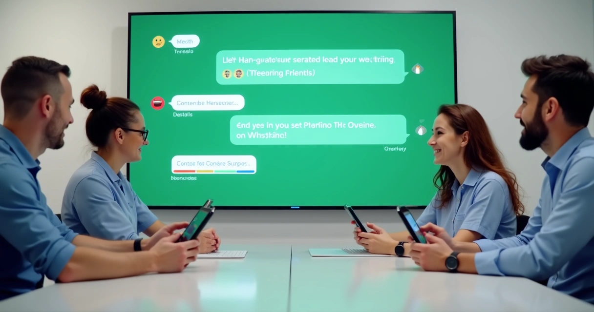 Equipe clínica discutindo exemplos de mensagens humanizadas no WhatsApp em uma reunião.