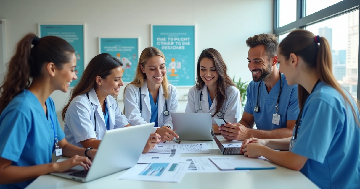 Equipe reunida em clínica usando laptops, tablets e celulares 