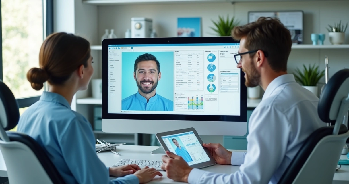 Equipe de clínica odontológica com tablets e computador